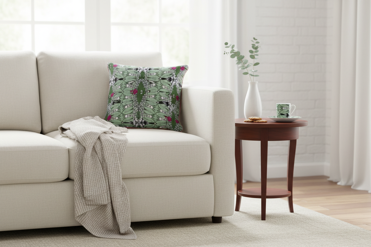 Lifestyle scene with dark green floral cushion and matching cup & saucer